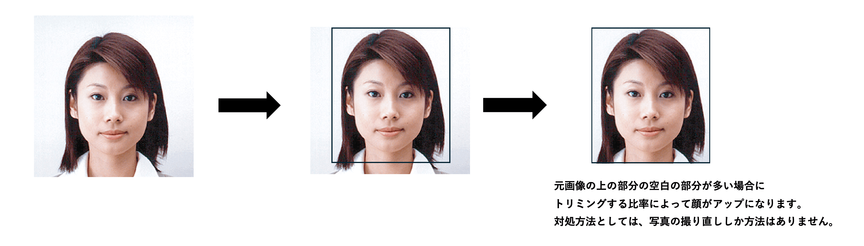 元画像の上の部分の空白の部分が多い場合にトリミングする比率によって顔がアップになります。 対処方法としては、写真の撮り直ししか方法はありません。